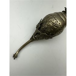 Egyptian white metal rosewater sprinkler, the pear shaped body embossed with flowers, the screw top with applied rose and bird decoration, upon foliate base, H20cm