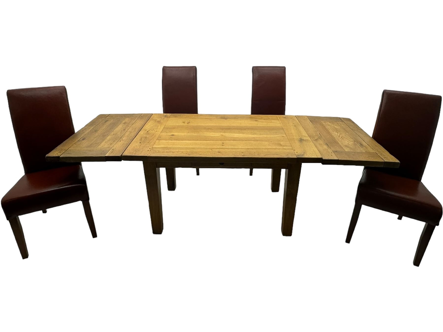 Oak dining table, rectangular plank with two extension leaves at each end, central drawer with brass handle, supported by square legs (L131cm - 233cm, D80cm, H76cm); four high-back dining chairs, the chairs upholstered in dark brown leatherette with stitched detailing, on square tapering legs (H108cm)