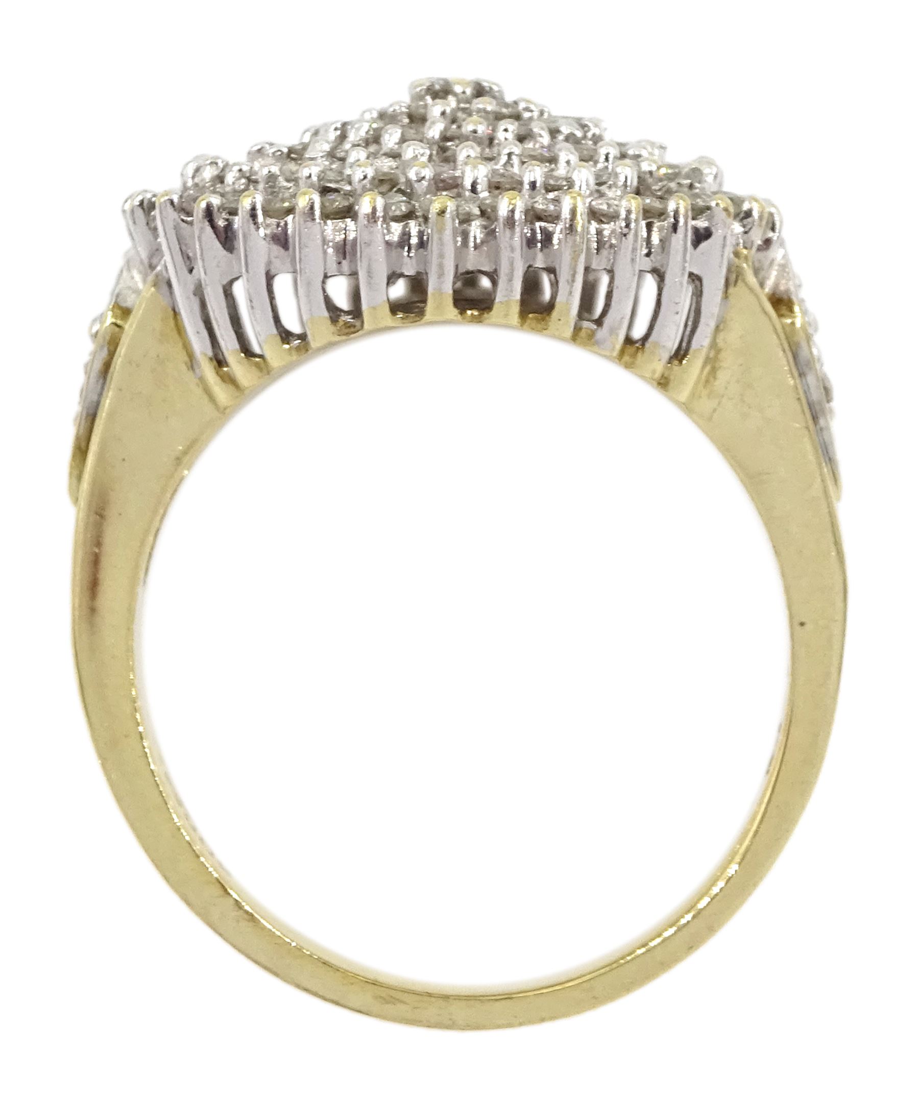 9ct gold diamond chip cluster ring, with diamond set shoulders, hallmarked, total diamond weight 1.00 carat