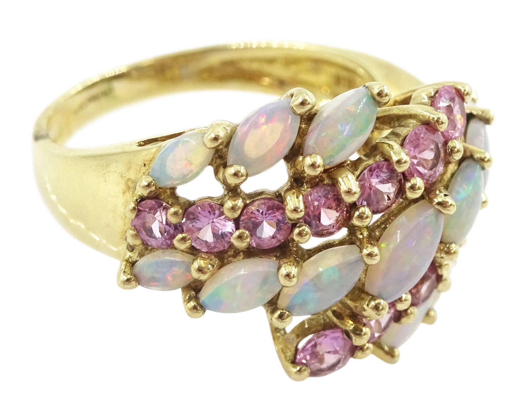 9ct gold five row marquise cut opal and pink sapphire ring, hallmarked