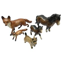 Five Beswick figures, comprising Wooly Shetland no 1033, Wooly Shetland Foal no.1034, Cairn Terrier no.2112, large Fox no. 1016 and standing fox no. 1440