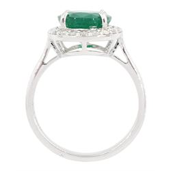 18ct white gold oval cut emerald and round brilliant cut diamond cluster ring, hallmarked, total emerald weight 3.33 carat, total diamond weight 0.40 carat, with World Gemological Institute Report