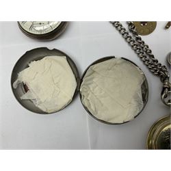 Three Victorian silver lever open face pocket watches including, cream dials with Roman numerals and subsidiary seconds dial, silver cylinder pocket watch and an 8 Jours Hebdomas pocket watch, two silver watch chains and one other chain