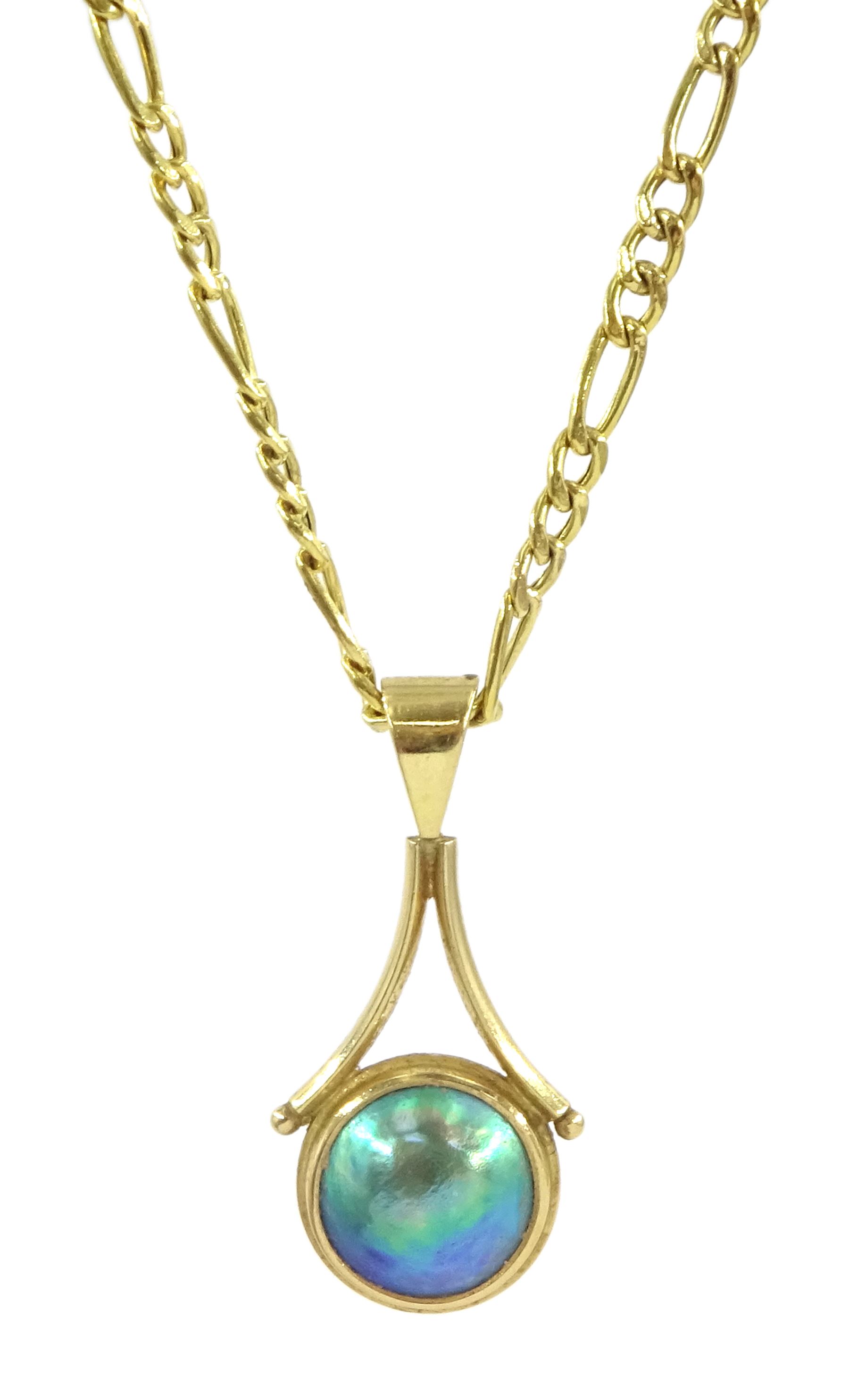 18ct gold blue / green mabe pearl pendant, stamped 750, on 9ct gold Figaro link chain necklace, hallmarked