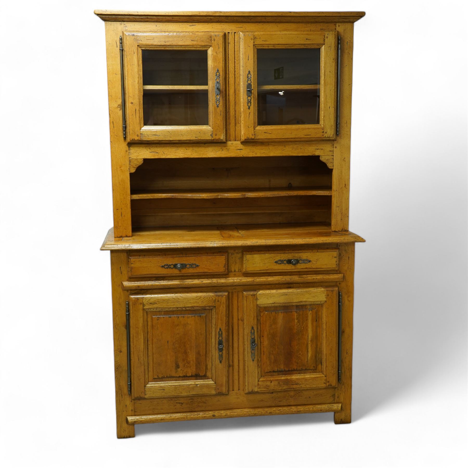 Barker & Stonehouse - French distressed oak dresser, fitted with two glazed cupboard over single shelf, the base with two drawers over two panelled cupboards