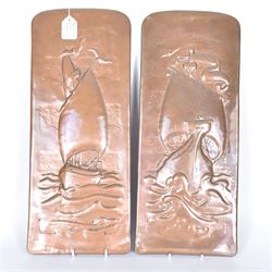 Two Newlyn Arts and Crafts copper wall plaques, each embossed with a ship, H43cm