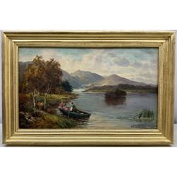 William Langley (British 1852-1922): Couple Rowing in the Trossachs, oil on canvas signed 29cm x 49cm