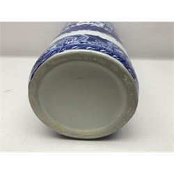 Blue and white umbrella stand, decorated with transfer print decorated with city scape, H43cm