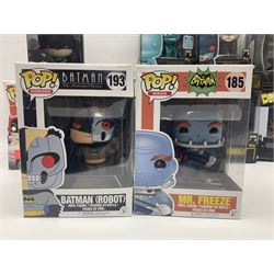 Thirteen Funko! Pop figurines of predominately Batman interest, to include 2016 ‘Batman Classic TV Series Batmobile’ and 2019 teal coloured ‘Batman’ Summer Convention exclusives, most in original boxes, with three similar boxed figures (16)