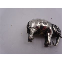 Edwardian silver mounted novelty pin cushion, in the form of an elephant, with cushioned back, hallmarked Birmingham 1906, maker's mark worn and indistinct, L4cm, H3.5cm