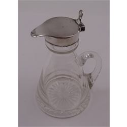 1930s silver mounted glass whiskey tot, with C handle and star cut base, the silver collar and cover with thumbpiece, hallmarked S Blanckensee & Son Ltd, Birmingham 1932, including thumbpiece H10.5cm