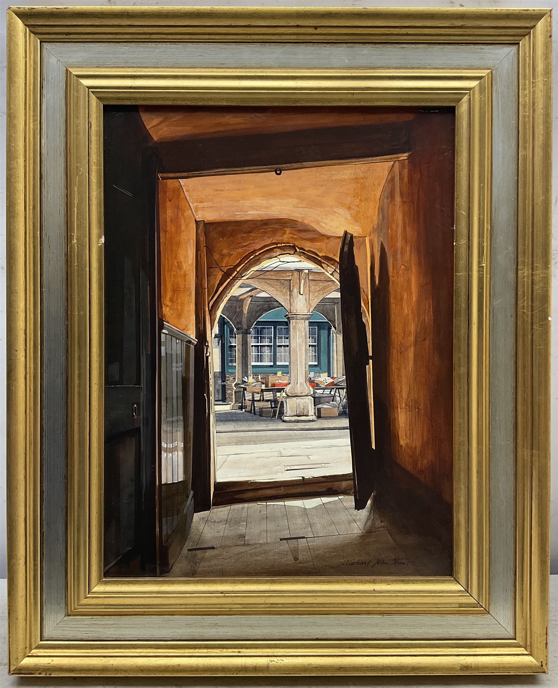 Michael John Hunt (British 1941-): The Courtyard, oil on board signed 39cm x 29cm