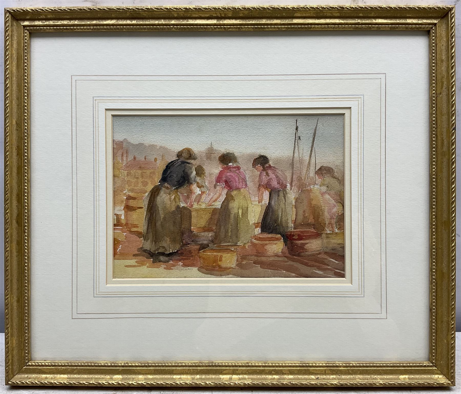 Frank Henry Mason (Staithes Group 1875-1965): Scotch Fishergirls Sorting the Catch on the 'Fish Quay - Scarborough', watercolour, signed and titled verso (within the frame) 14cm x 20cm