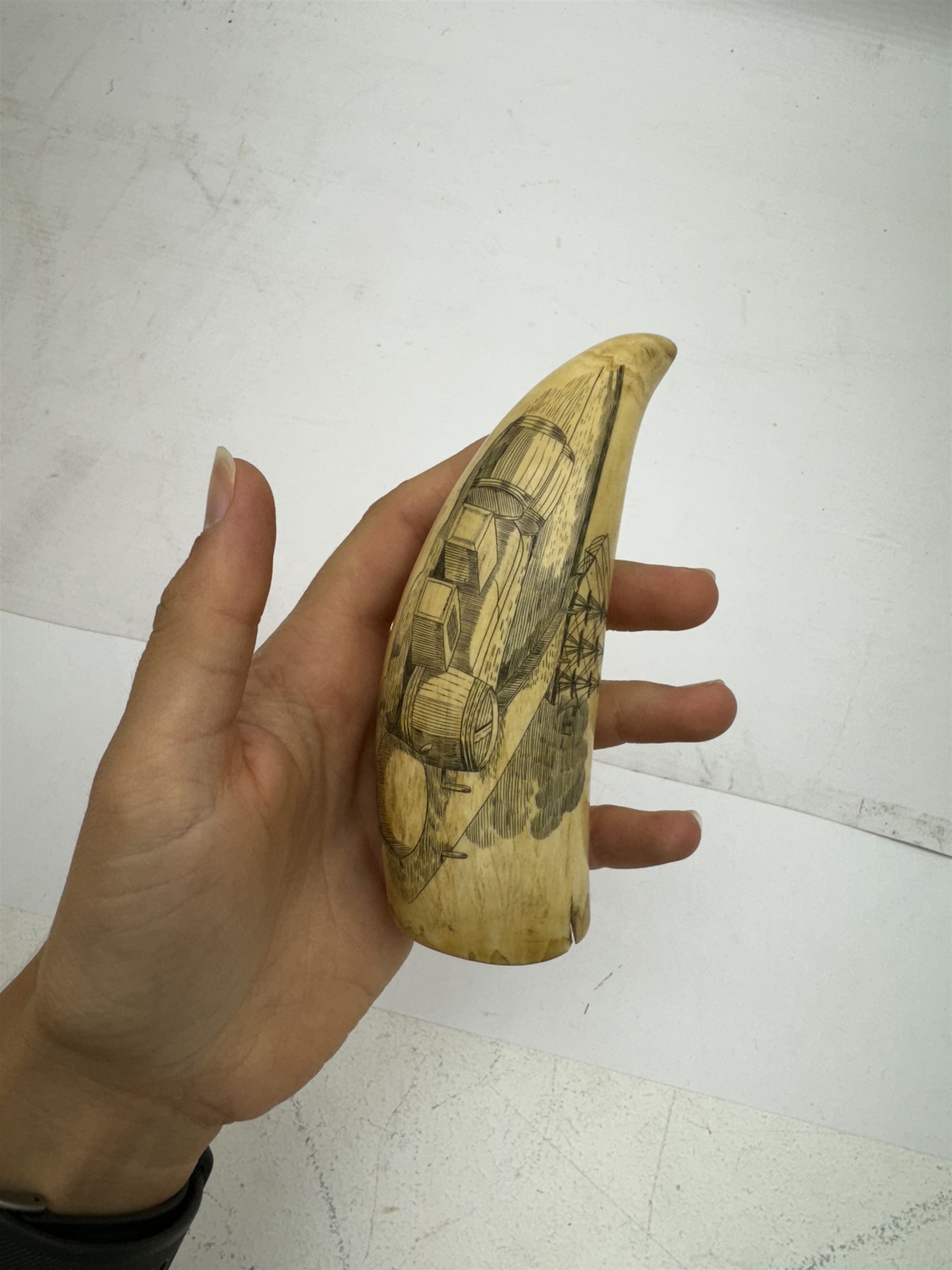 19th century scrimshaw whale tooth, inscribed Rachel,B, Home from Whaling and depicting port, L13cm