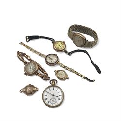 Early 20th century keyless fob watch, white enamelled dial with Roman numerals and subsidiary seconds dial, outer case stamped 14K, 9ct gold cased Rite-Tyme mechanical wristwatch, on a gilt stainless steel bracelet, a ladies 9ct gold cased mechanical movement wristwatch, with blue enameled case, on a rolled gold bracelet strap, ladies 9ct gold mechanical movement wristwatch on an expanding bracelet strap stamped 9ct and another 9ct gold cased mechanical movement wristwatch, together ladies Rotary 9ct gold cased mechanical wristwatch and ladies Bulova rolled gold mechanical wristwatch (lacking straps)