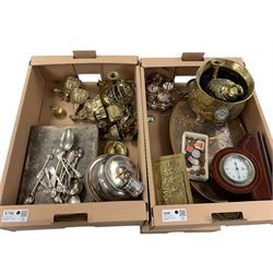 Collection of metal ware, including toast racks, egg cups, bells etc in two boxes 