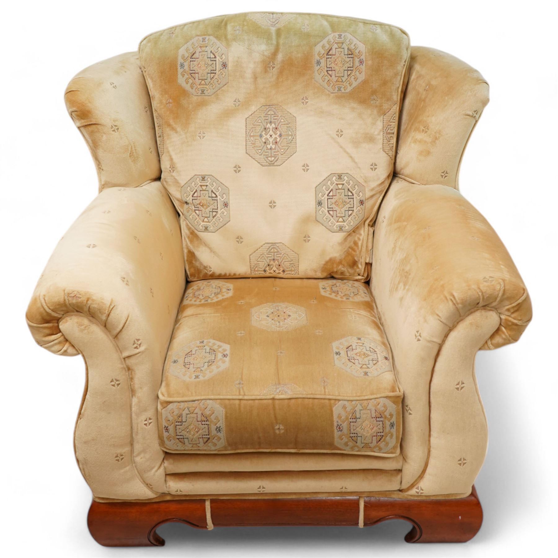 Three-seat sofa (W197cm, D103cm) and pair of matching armchairs (W100cm); upholstered in pale gold fabric decorated with Gul motifs, hardwood framed with polished base