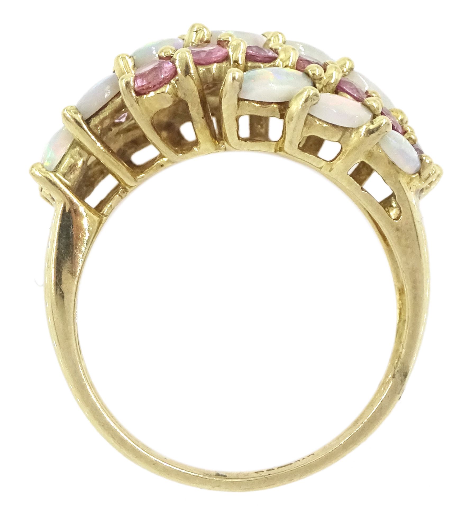 9ct gold five row marquise cut opal and pink sapphire ring, hallmarked