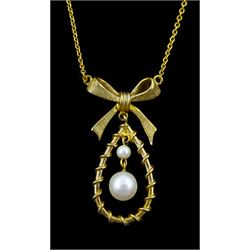 9ct gold pearl bow pendant necklace, Birmingham 1966