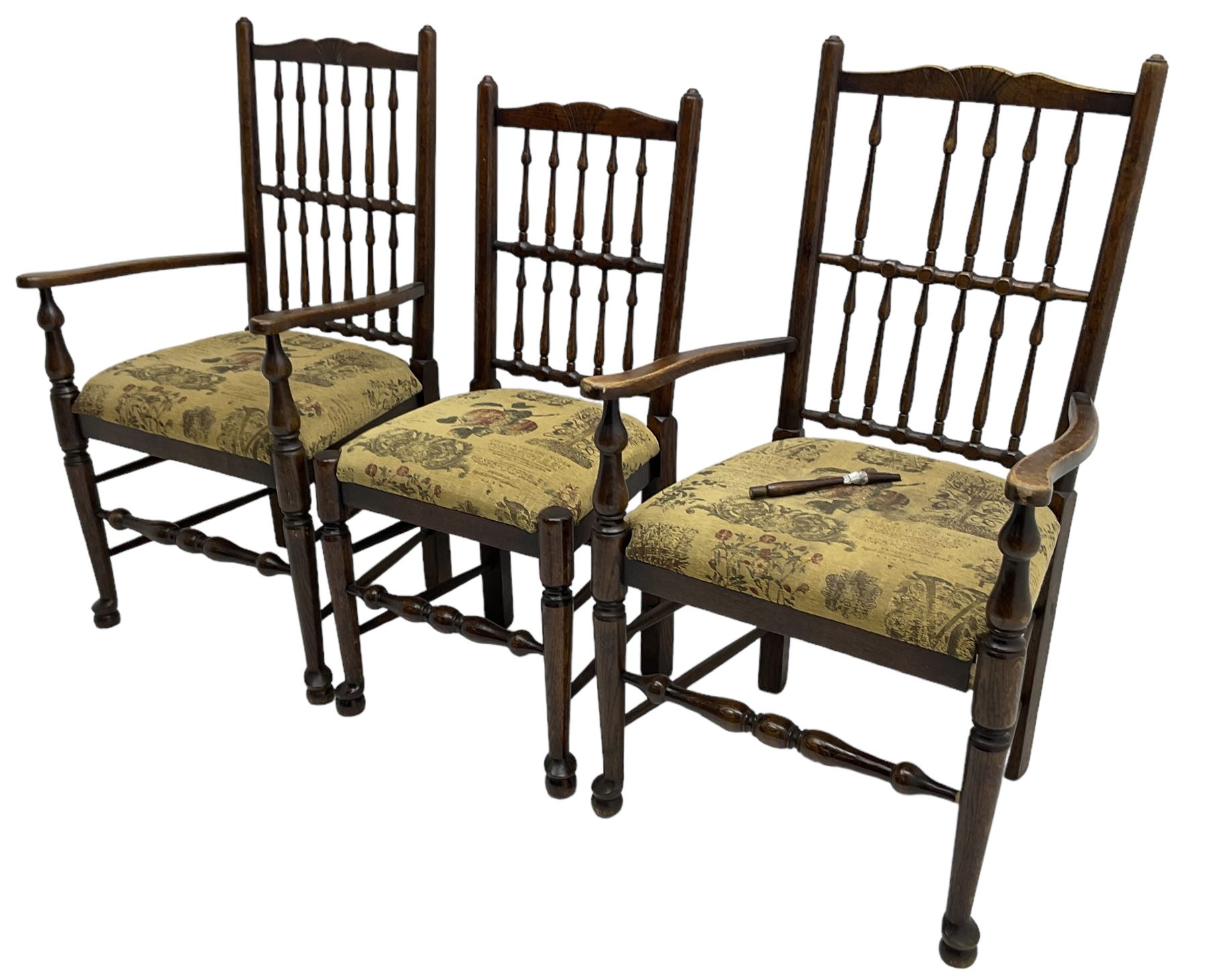 Set of six (4+2) 20th century oak spindle back dining chairs, with upholstered drop-on seat cushions, turned supports joined by turned stretchers