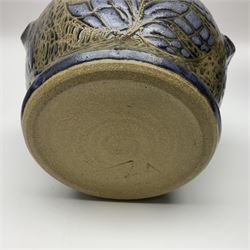 John Egerton (c1945-): studio pottery stoneware, comprising wine cooler decorated with herons on a mottled ground, covered storage jar with foliage decoration and a lamp base decorated with grape vines, wine cooler H23cm