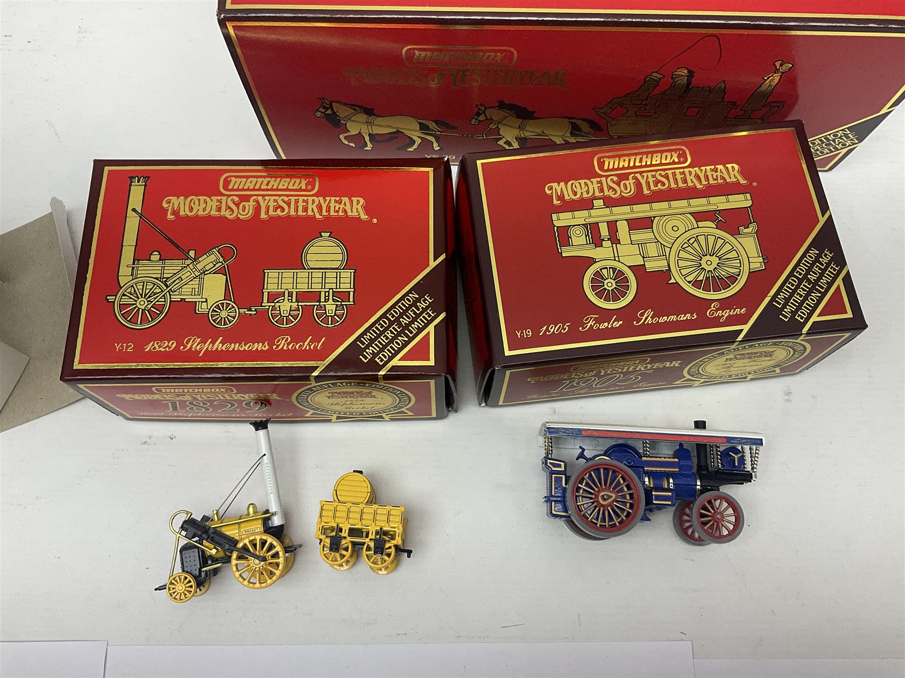 Matchbox - approximately sixty Models of Yesteryear to include special edition 1820 Passenger Coach and Horses, limited editions 1894 Aveling-Porter Steam Roller, 1829 Stephensons Rocket and 1905 Fowler Showman’s Engine; older models from the 1970s such as Y-1 1911 Model ‘T’ Ford, and a large quantity of modern models with reference materials in folder; mostly boxed 