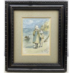 Robert Jobling (Staithes Group 1841-1923): Two Girls Looking Out to Sea at Staithes, watercolour signed and dated 'Xmas 1908', inscribed verso 11cm x 8.5cm