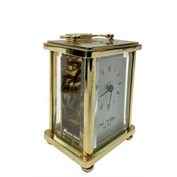 William Widdop - 20th century 8-day  brass cased carriage clock with an enamel dial, Roman numerals, minute track and steel moon hands, single train timepiece movement with a lever platform escapement, housed in a bespoke leather case, with key. 