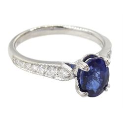 18ct white gold oval cut sapphire ring, with milgrain set round brilliant cut diamond shoulders, hallmarked, sapphire approx 0.80 carat, total diamond weight approx 0.40 carat