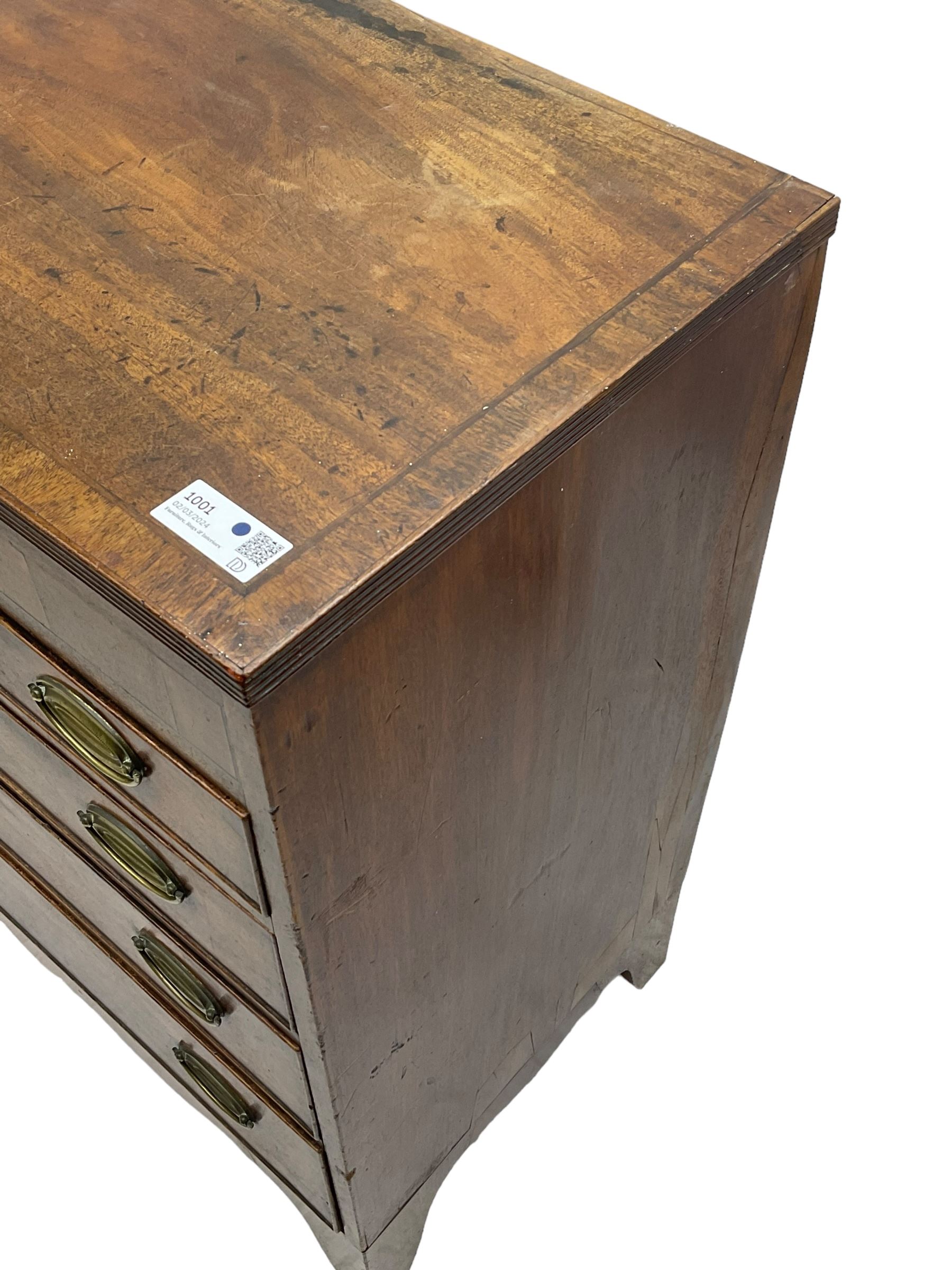 George III mahogany chest, rectangular crossbanded top over four long cock-beaded drawers with bone lozenge escutcheons and oval pressed brass handle plates, on bracket feet