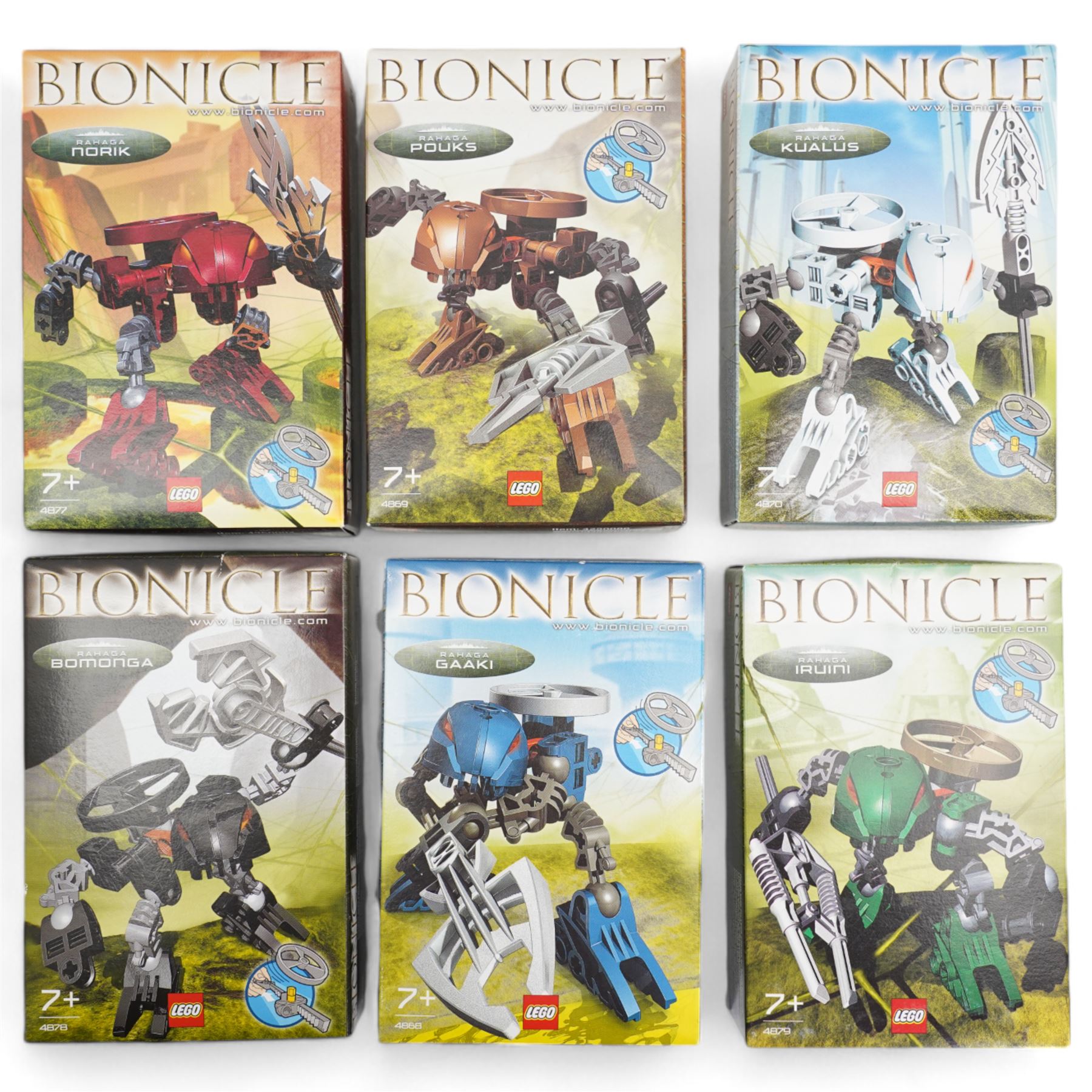 Nine Lego Bionicle sets; 4868, 4869, 4870, 4877, 4878, 4879, 8604, 8738 and 8739 (unchecked for completeness)