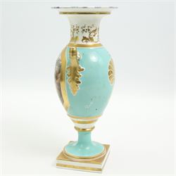 19th century Grainger Lee & Co. Worcester porcelain vase, hand painted with a view of 'Roslin Castle' within a gilt border, having twin scroll handles, marbled interior and square base, H25cm, together with a 19th century pot pourri base, hand painted with a continuous landscape scene, possibly Chamberlain Worcester, H9cm (2)