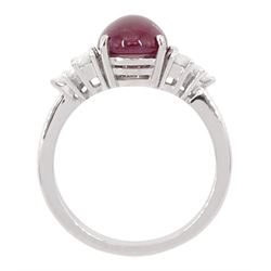 18ct white gold cabochon cut ruby and six stone round brilliant cut diamond ring, hallmarked, ruby approx 3.70 carat, total diamond weight approx 0.55 carat