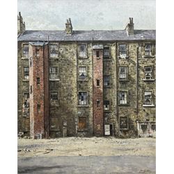 John Seymour Godden (British 1930-1999): 'Gorbals Tenements' Glasgow, oil on board signed, titled verso on artist's studio label 62cm x 50cm