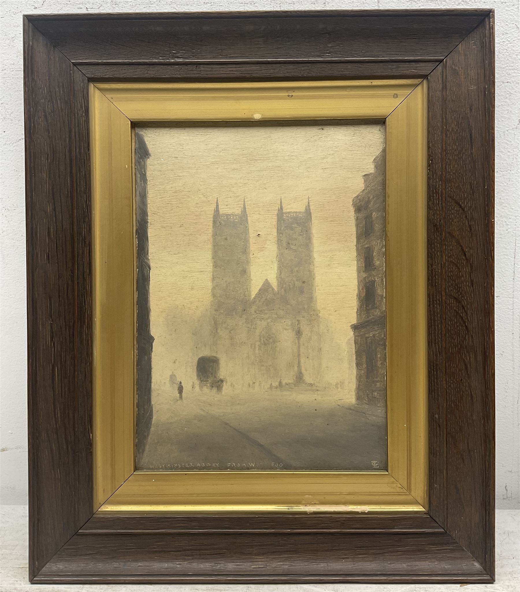 Attrib. Lionel Townsend Crawshaw (Staithes Group 1864-1949): 'Westminster Abbey - Fog' and Houses of Parliament, pair oils on canvas, one titled and signed with monogram max 27cm x 19.5cm (2)