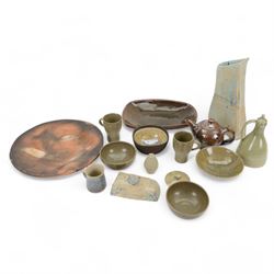 Collection of Studio pottery, including Leach Pottery St Ives Wine Bottle jug, serving dis...