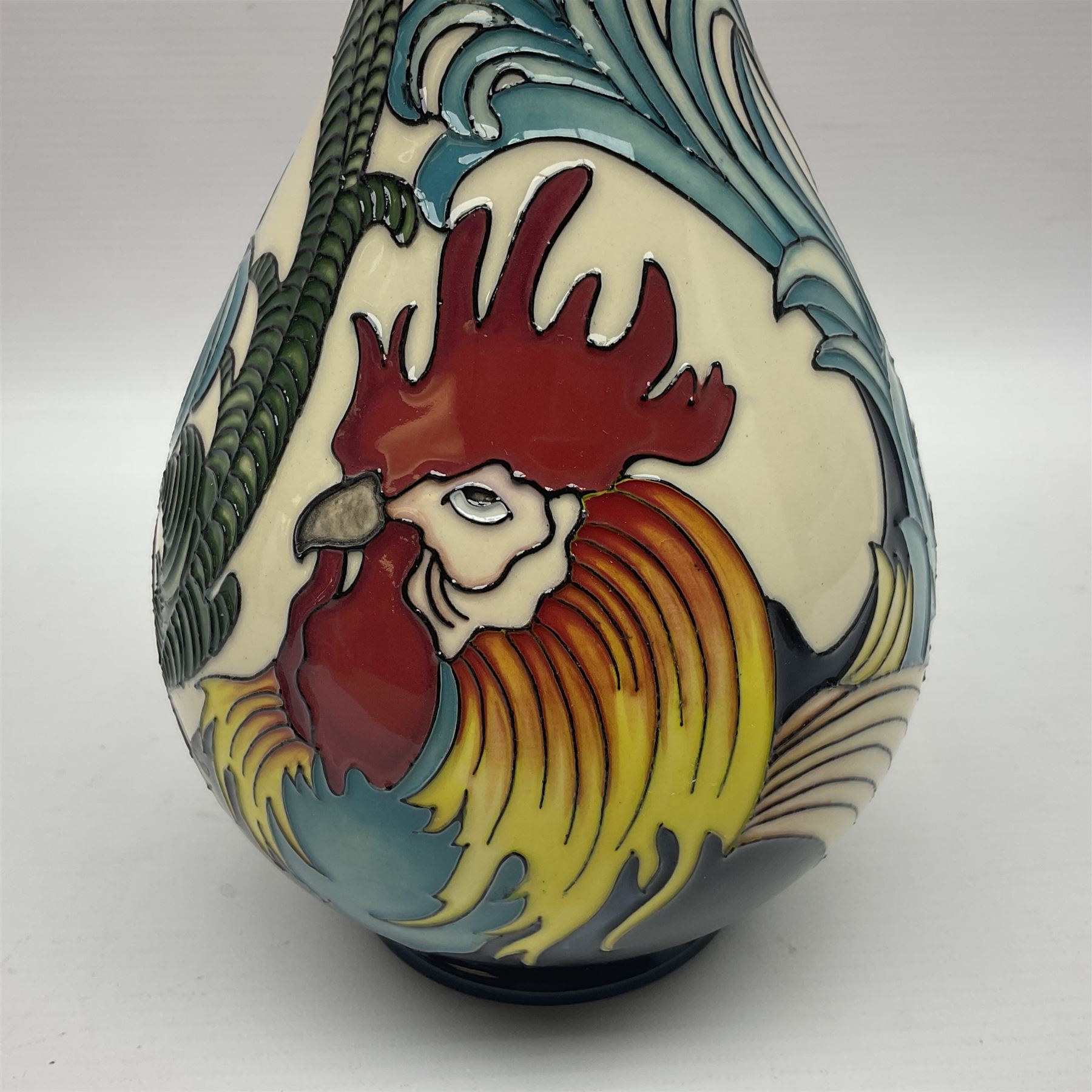 Moorcroft Cockerel vase, 2015, vase of gourd form, tubelined and painted with cockerels on a cream ground, impressed and painted marks beneath, H29cm