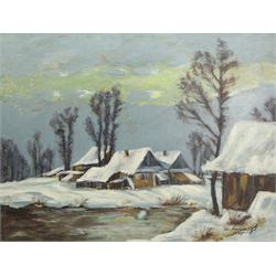 Czech School (Mid-20th Century): Snow Settling on the Village, oil on board indistinctly signed and dated 1975, 58cm x 77cm 