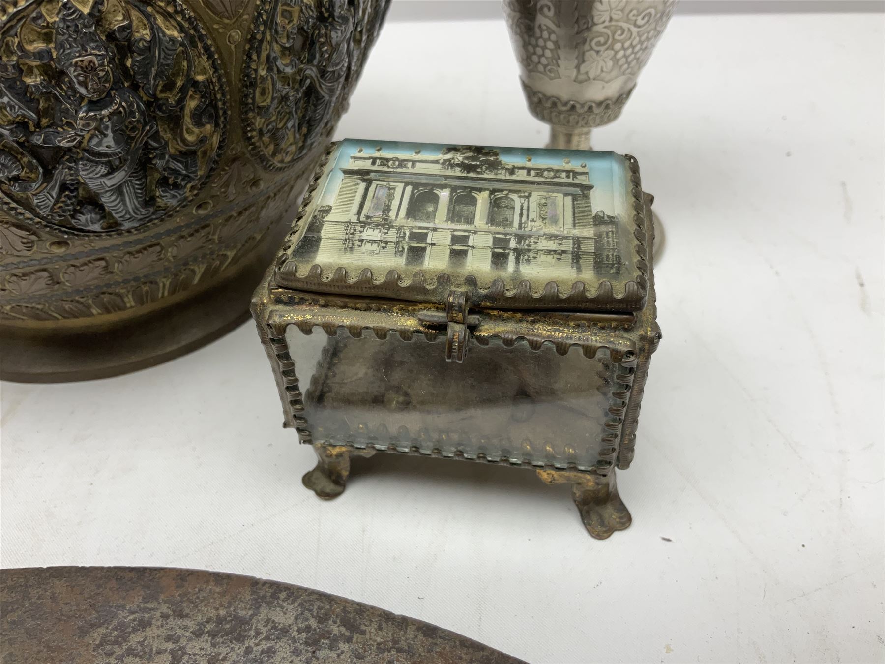 Indian lidded jar; Victorian hip-flask; native spear head; white metal bottle and French trinket box