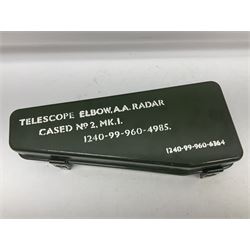 Telescope Elbow A.A. Radar No.2 Mk.I 1240-99-960-4670 V.I.Y.Regd.No.V.I.Y. 684 1969, with graticule to viewing lens L32cm; in green painted metal carrying box