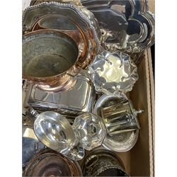 Metalware, mostly silver plate, to include entree dish and cover, bottle coasters, pedestal dishes, large quantity of cased and uncased flatware, small copper twin handled pan, etc., in two boxes