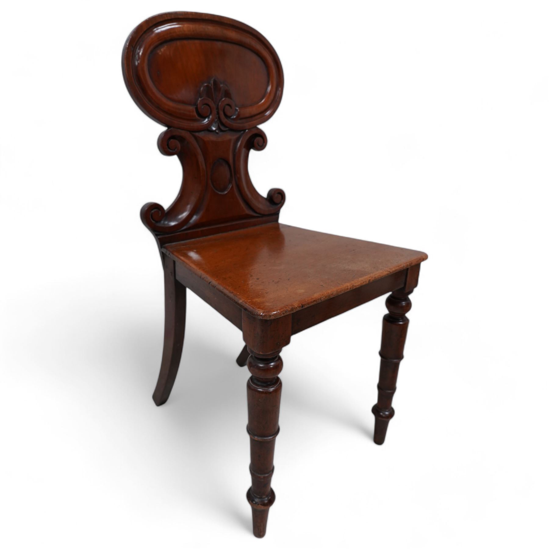 Victorian mahogany hall chair (W39cm, H80cm); 20th century standard lamp with shade; 19th century Gothic elbow chair; nest of three tables; oval wine table (5)