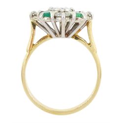 18ct gold emerald and diamond cluster ring, the central round brilliant cut diamond of approx 0.80 carat, with four stone round cut emerald and four stone round brilliant cut diamond surround, Sheffield 1977, total diamond weight approx 1.70 carat