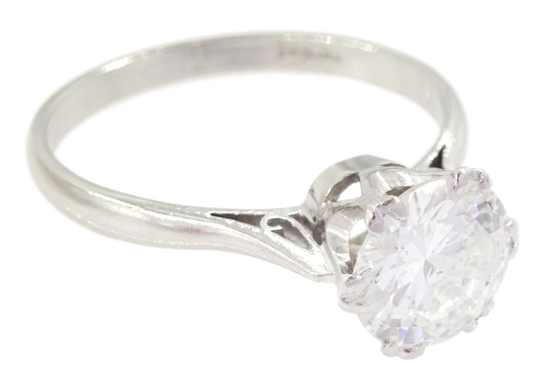 Platinum single stone round cut transitional cut diamond ring, stamped Plat, diamond approx 1.55 carat