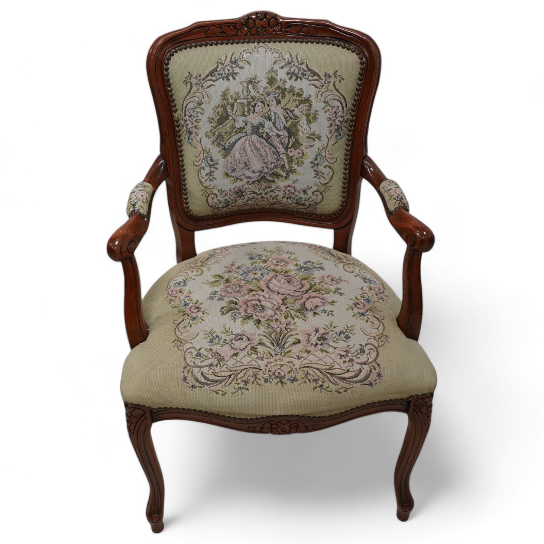 French design open armchair, upholstered in tapestry fabric depicting a romantic scene