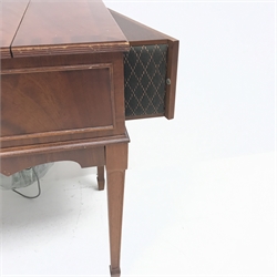 20th century mahogany gramophone side table with built in speakers, hinged lid enclosing Garrard SP 25 MK IV turntable and DYNATRON solid state SRX 29C tuner amplifier, W98cm, H65cm, D43cm