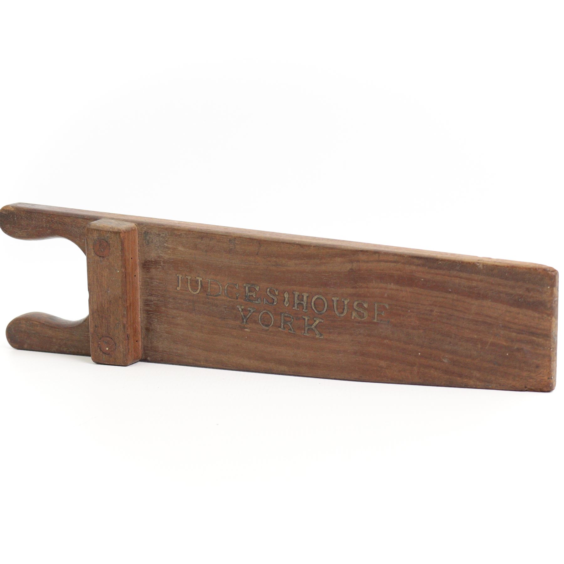 19th century mahogany boot pull, inscribed Judges House, York, L43cm