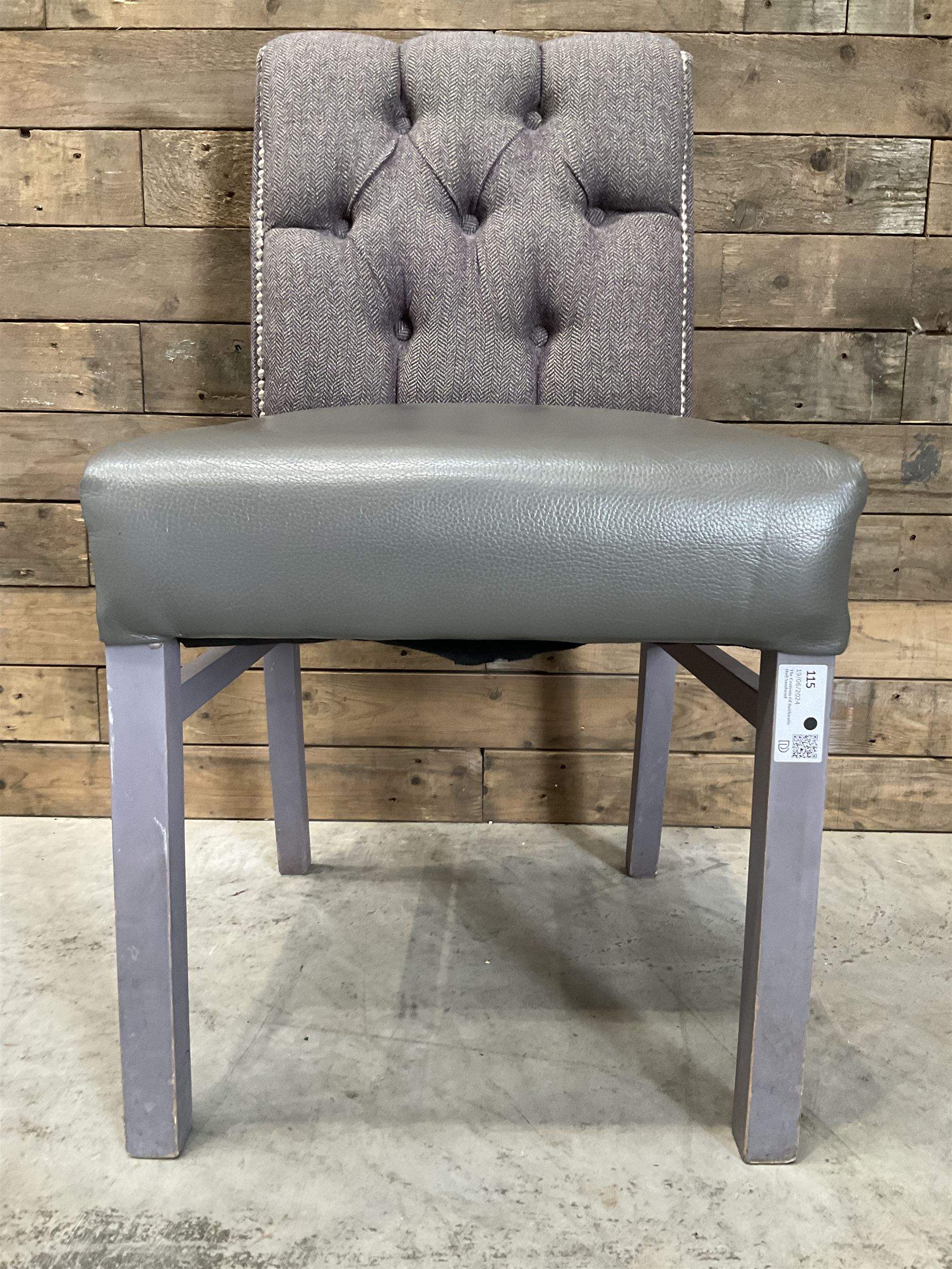 19 x dining chair upholstered in studded and buttoned tweed, painted leg