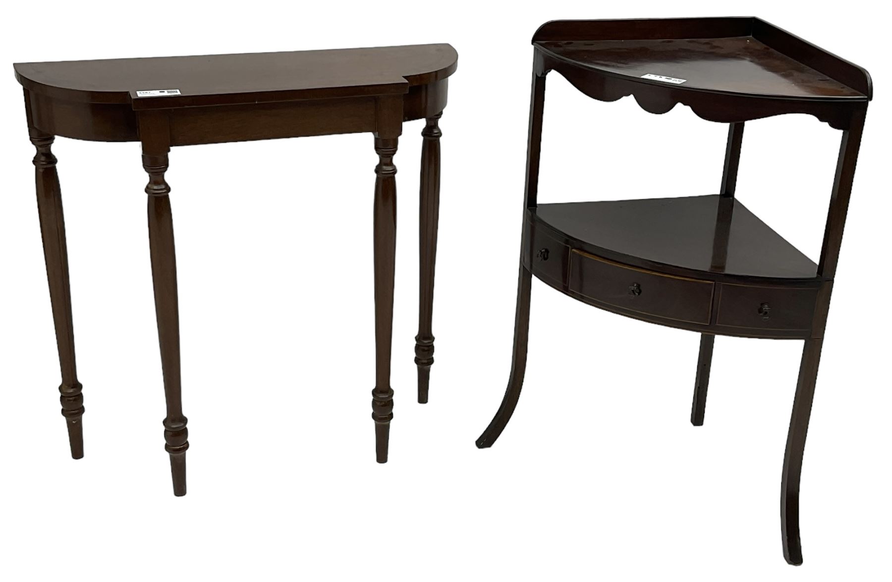 Early 19th century mahogany two-tier corner washstand (W58cm, H82cm); 20th century mahogany console table, on turned supports (W76cm, H75cm, D26cm)