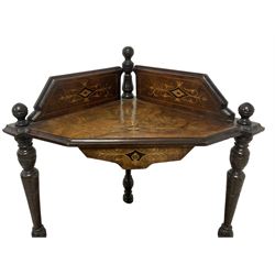 Victorian inlaid walnut corner four-tier whatnot, raised back over four graduating tiers of triangular form, decorated with satinwood and ebony inlays, united by tapering ring turned uprights, on castors